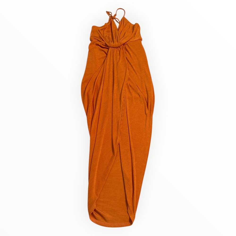 Lulus Dreamy Date Orange Surplice Midi Dress M Ruched Plunge Wedding Resort - Picture 12 of 15